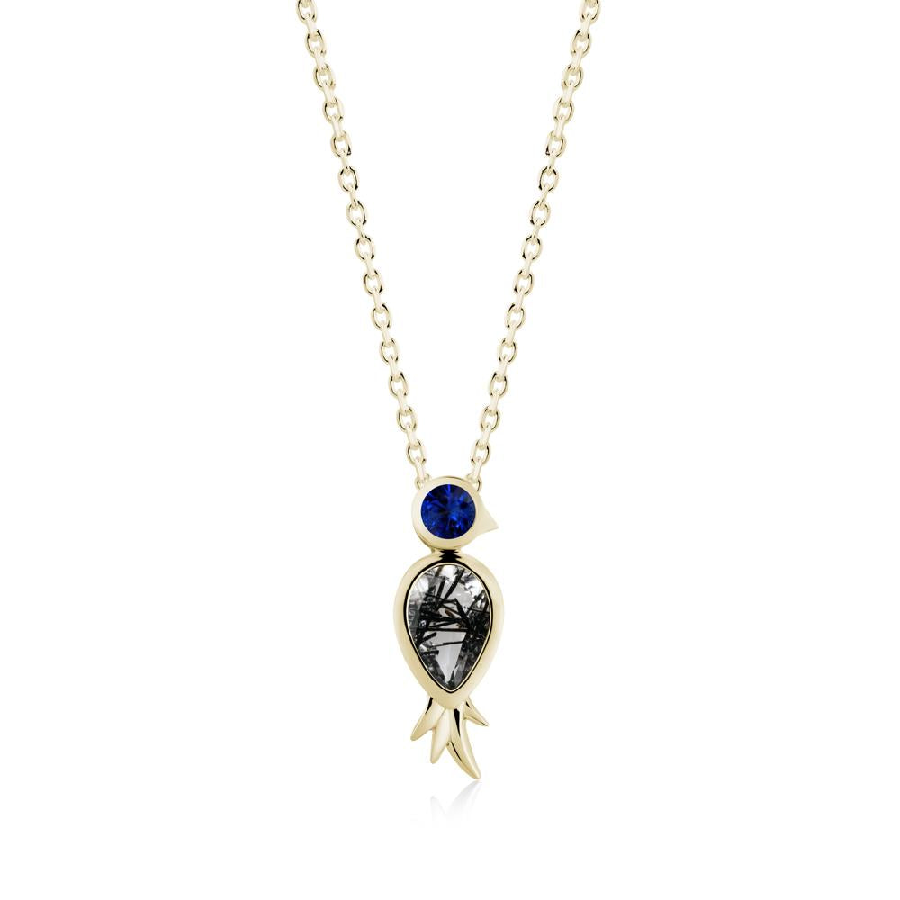 Pear Shaped Black Rutilated Quartz and Sapphire Bird Pendant Neckalce - LUO Jewelry #metal_14k yellow gold