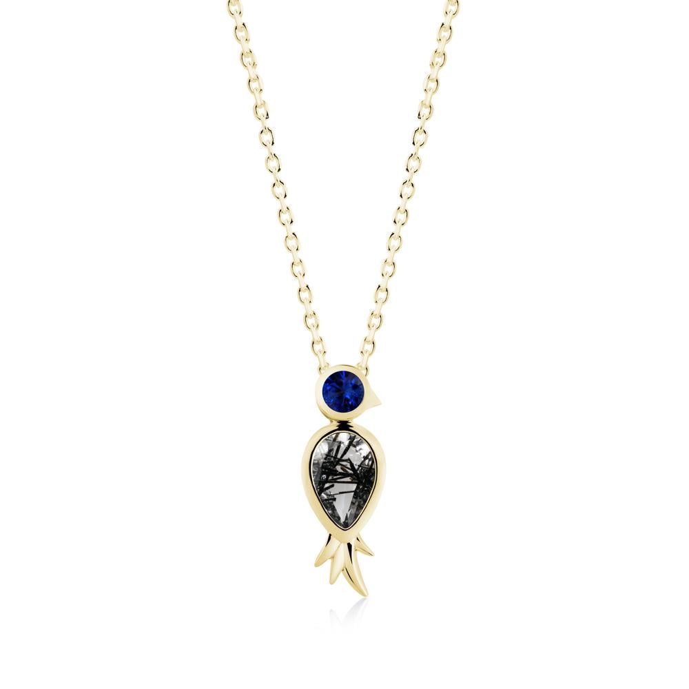 Pear Shaped Black Rutilated Quartz and Sapphire Bird Pendant Neckalce - LUO Jewelry #metal_18k yellow gold