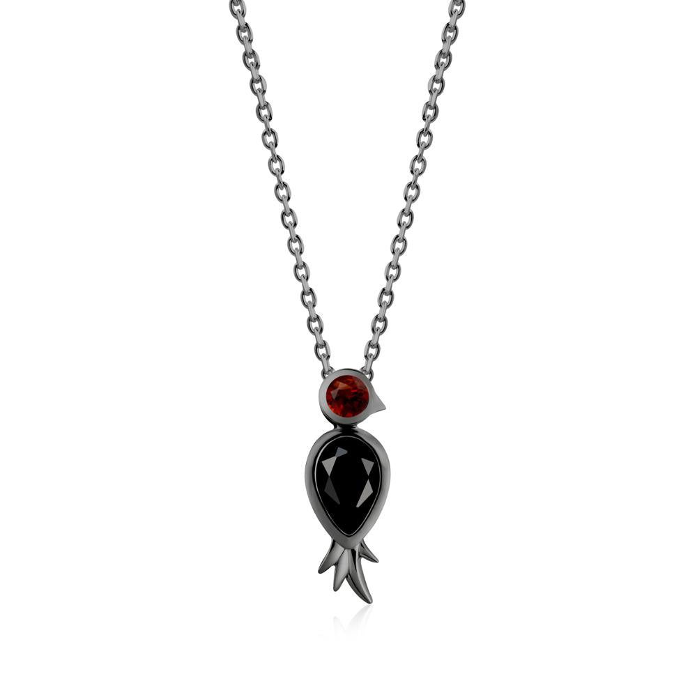 Pear Shaped Black Spinel and Garnet Bird Pendant Neckalce - LUO Jewelry #metal_black finish sterling silver