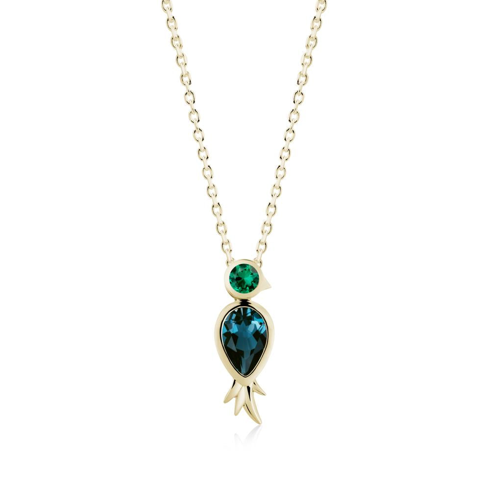 Pear Shaped London Blue Topaz and Emerald Bird Pendant Neckalce - LUO Jewelry #metal_14k yellow gold