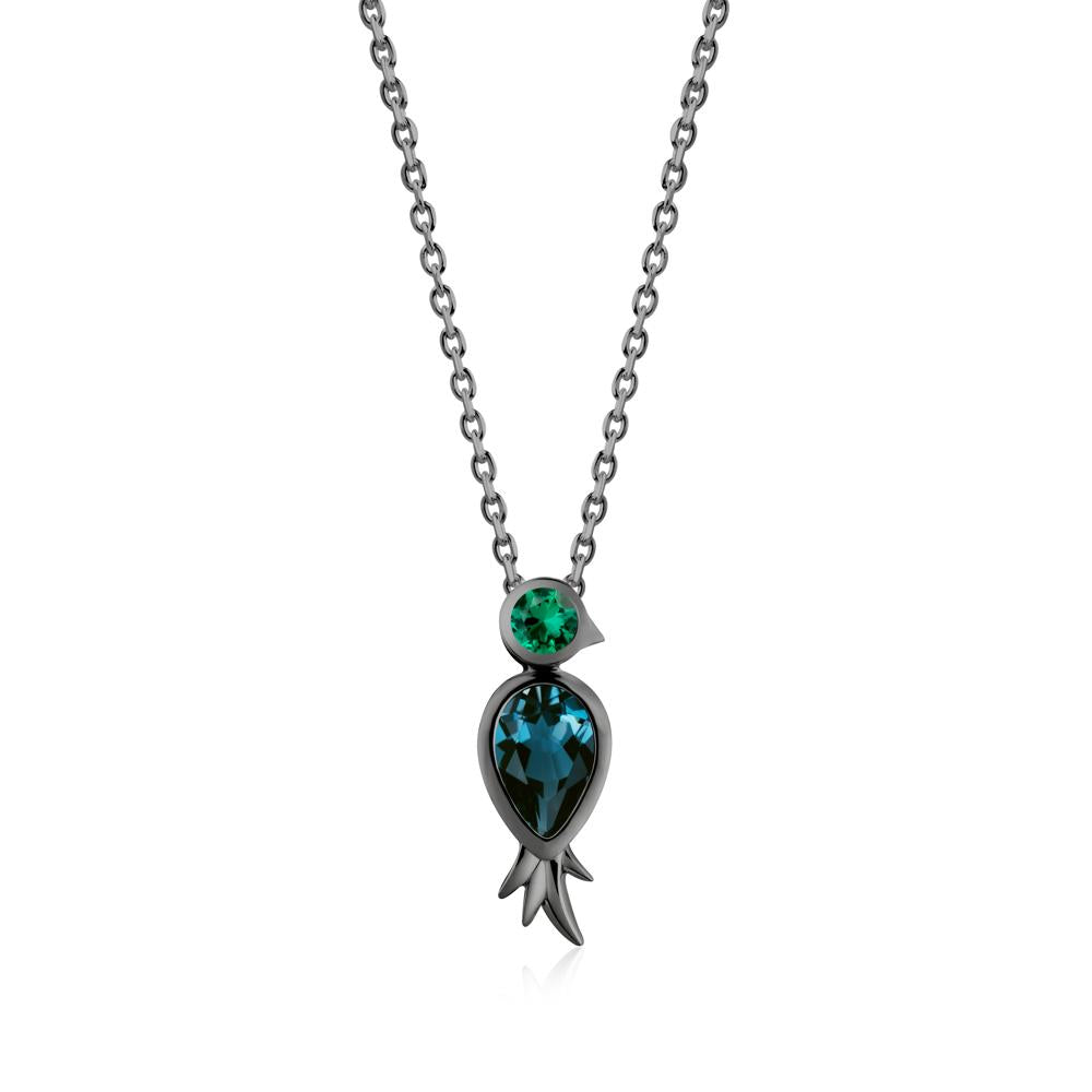 Pear Shaped London Blue Topaz and Emerald Bird Pendant Neckalce - LUO Jewelry #metal_black finish sterling silver