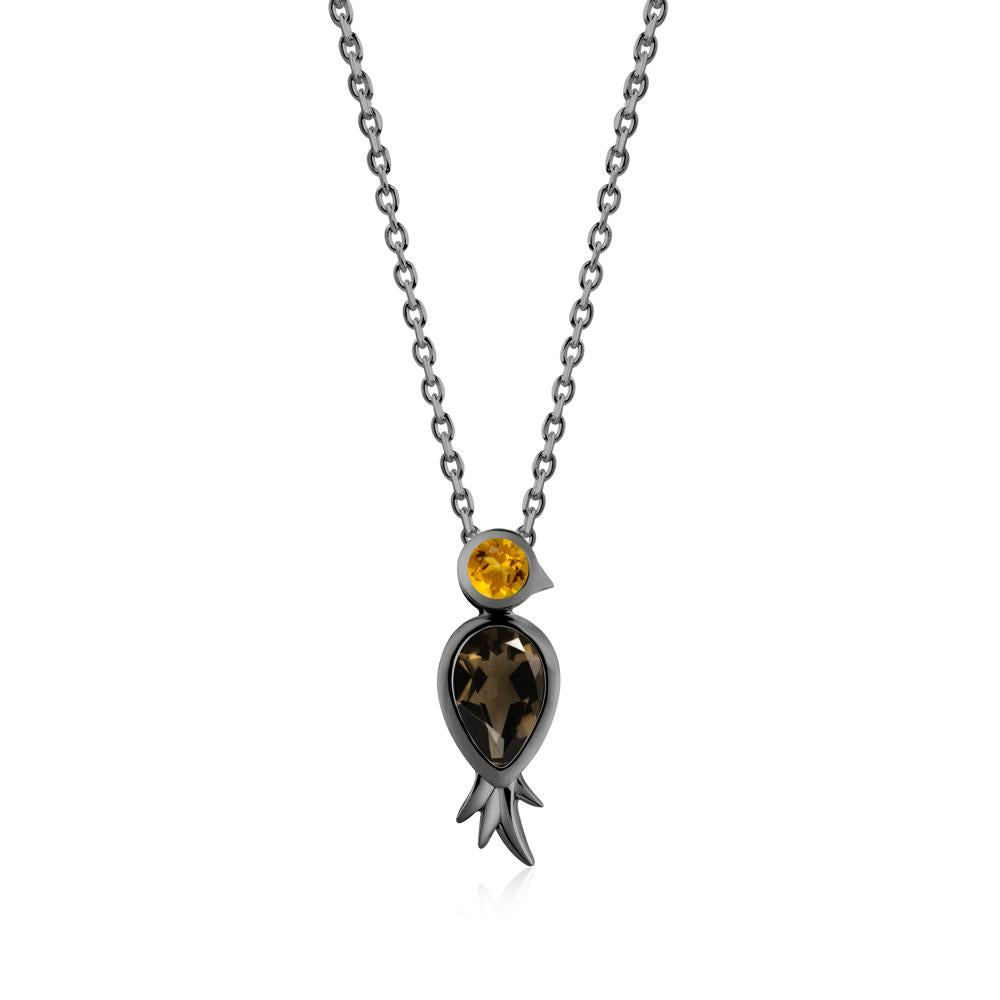 Pear Shaped Smoky Quartz and Citrine Bird Pendant Neckalce - LUO Jewelry #metal_black finish sterling silver