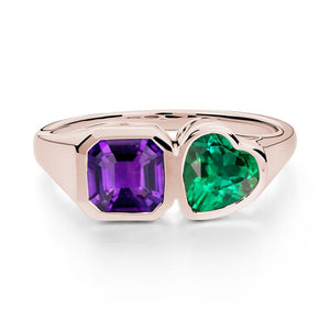 Asscher and Heart Shaped Amethyst and Emerald Tet Moi Ring - LUO Jewelry #metal_14k rose gold