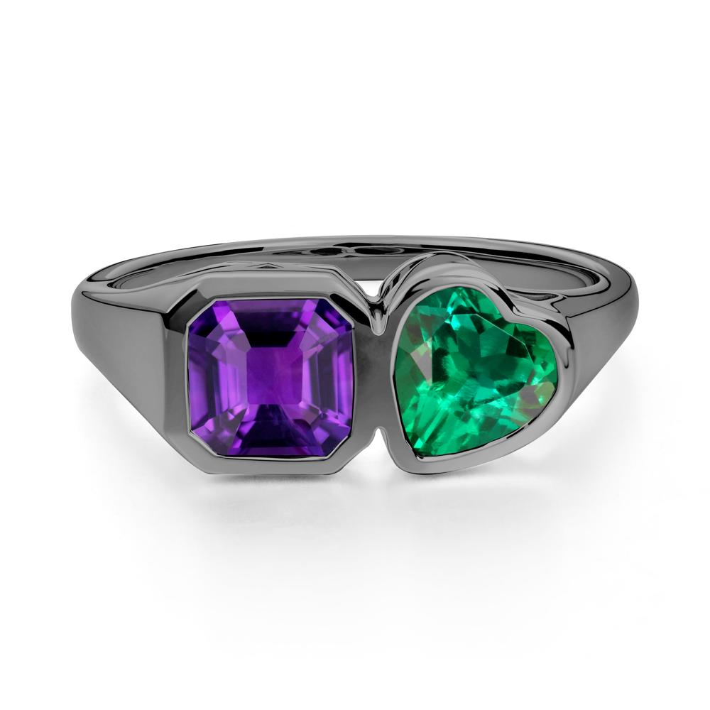 Asscher and Heart Shaped Amethyst and Emerald Tet Moi Ring - LUO Jewelry #metal_black finish sterling silver