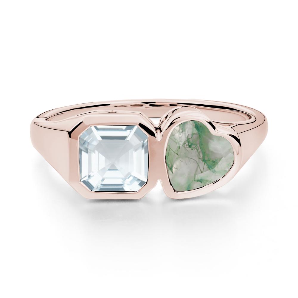 Asscher and Heart Shaped Aquamarine and Moss Agate Tet Moi Ring - LUO Jewelry #metal_14k rose gold