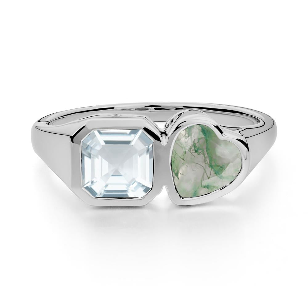 Asscher and Heart Shaped Aquamarine and Moss Agate Tet Moi Ring - LUO Jewelry #metal_platinum