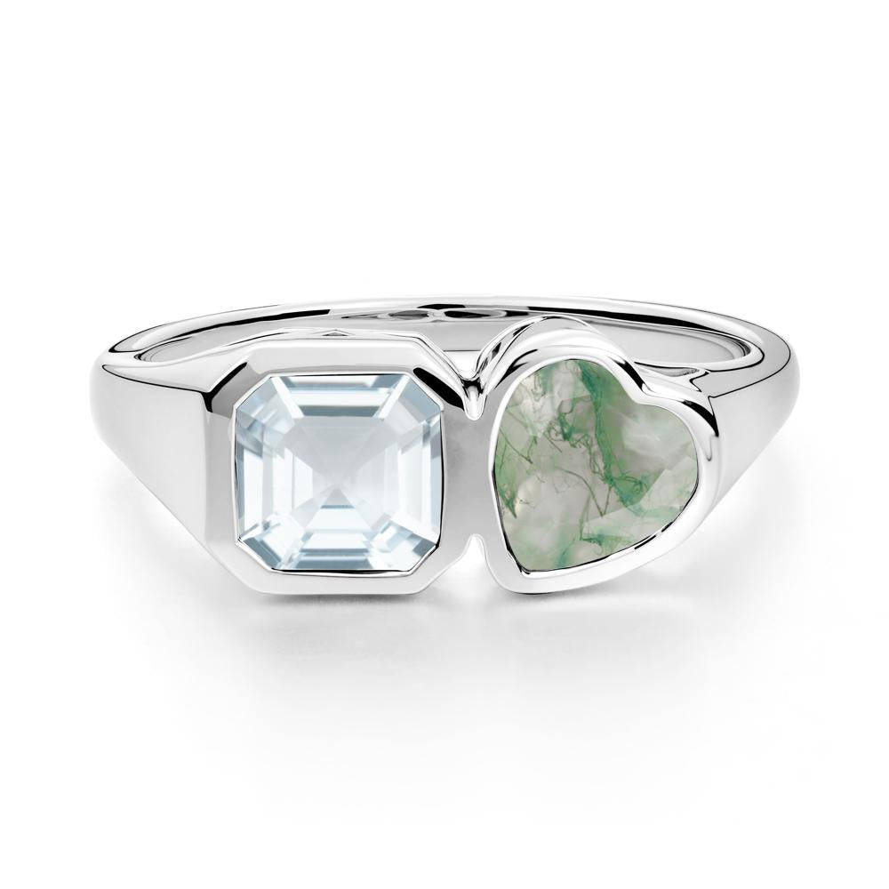 Asscher and Heart Shaped Aquamarine and Moss Agate Tet Moi Ring - LUO Jewelry #metal_sterling silver