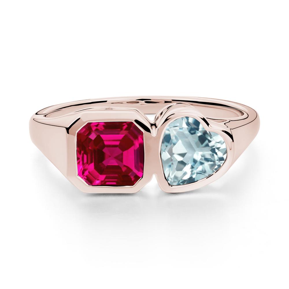 Asscher and Heart Shaped Aquamarine and Ruby Tet Moi Ring - LUO Jewelry #metal_14k rose gold