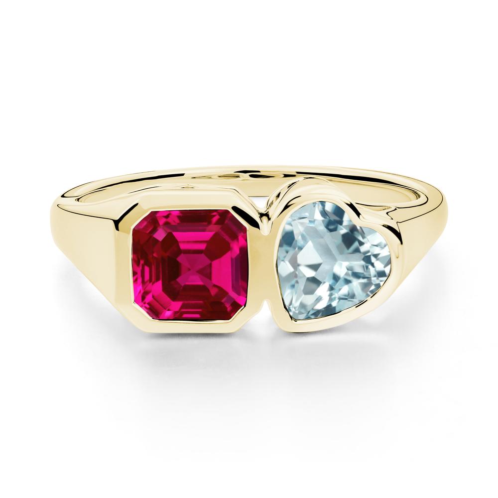 Asscher and Heart Shaped Aquamarine and Ruby Tet Moi Ring - LUO Jewelry #metal_18k yellow gold