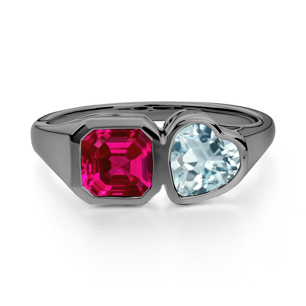 Asscher and Heart Shaped Aquamarine and Ruby Tet Moi Ring - LUO Jewelry #metal_black finish sterling silver