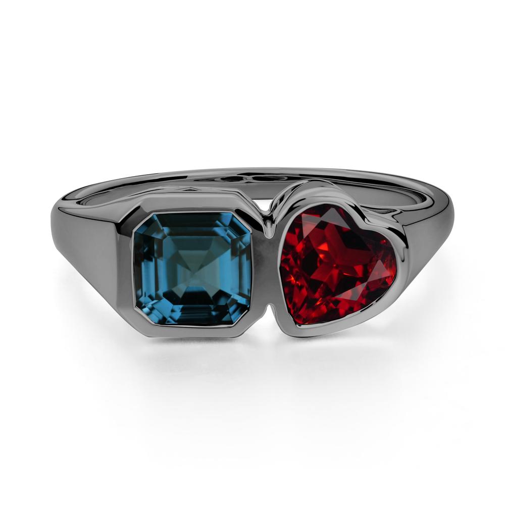 Asscher and Heart Shaped Garnet and London Blue Topaz Tet Moi Ring - LUO Jewelry #metal_black finish sterling silver