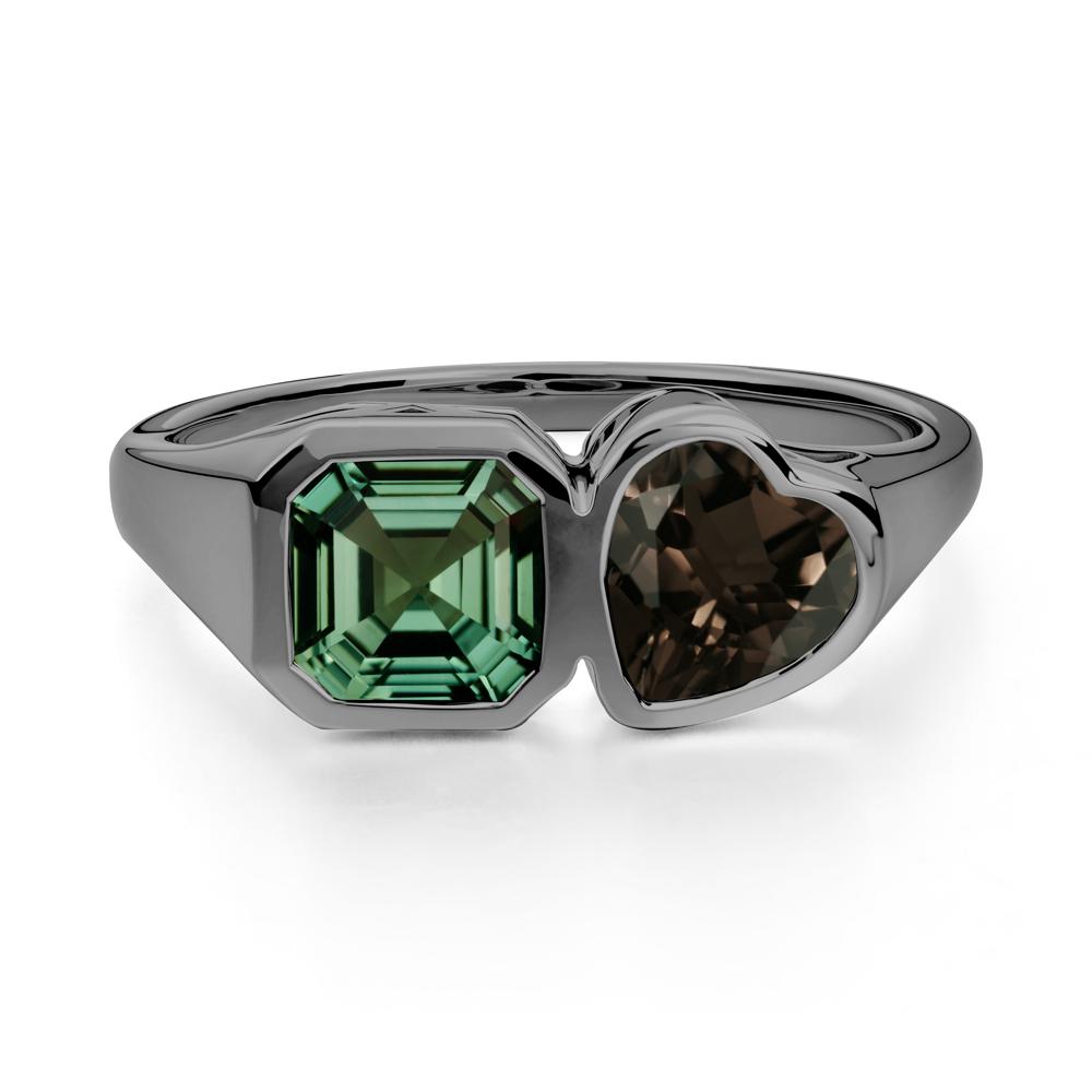 Asscher and Heart Shaped Green Sapphire and Smoky Quartz Tet Moi Ring - LUO Jewelry #metal_black finish sterling silver