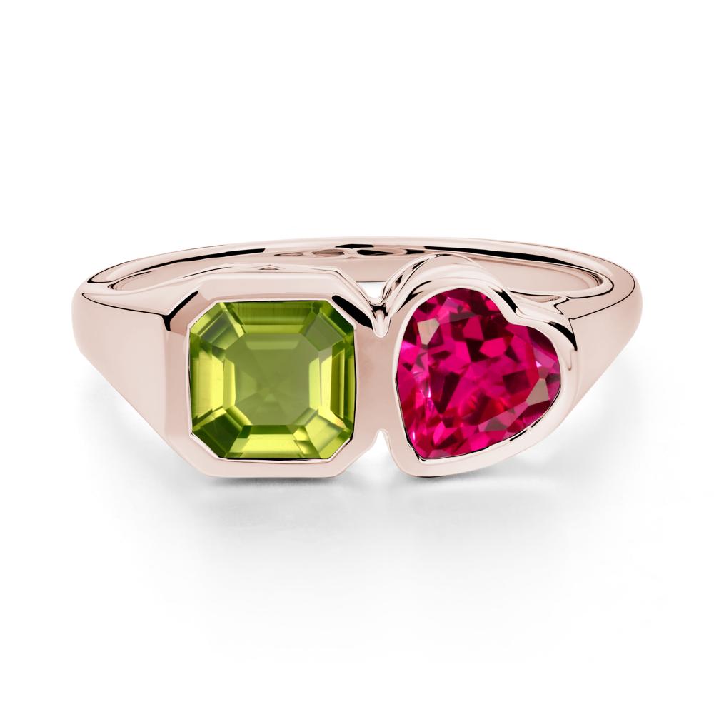 Asscher and Heart Shaped Peridot and Ruby Tet Moi Ring - LUO Jewelry #metal_14k rose gold