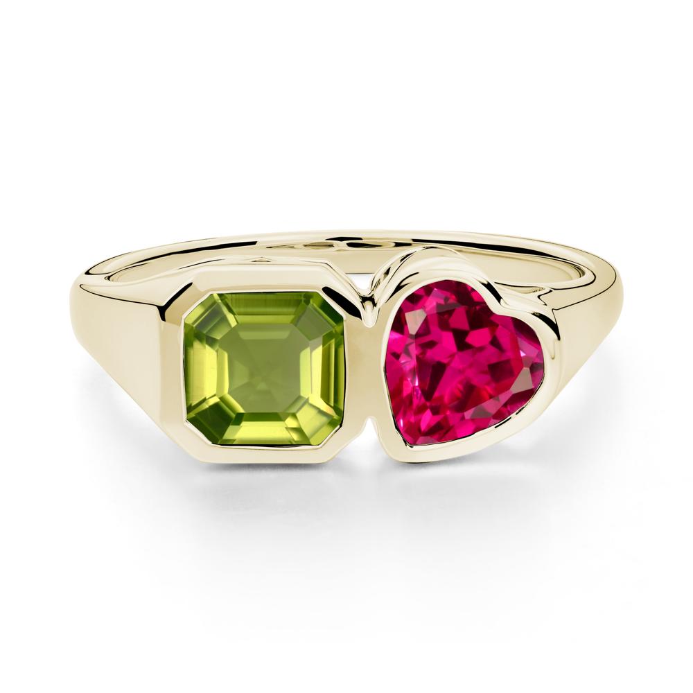Asscher and Heart Shaped Peridot and Ruby Tet Moi Ring - LUO Jewelry #metal_14k yellow gold