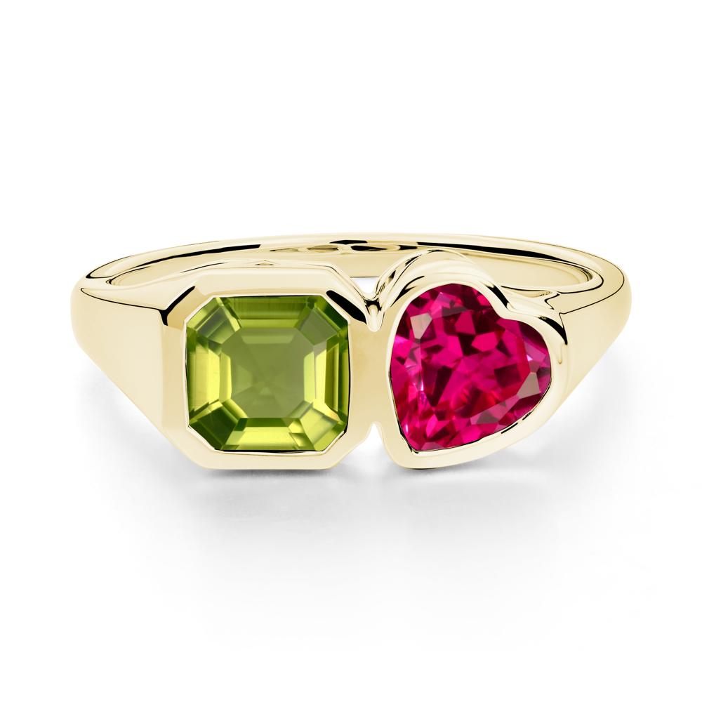 Asscher and Heart Shaped Peridot and Ruby Tet Moi Ring - LUO Jewelry #metal_18k yellow gold