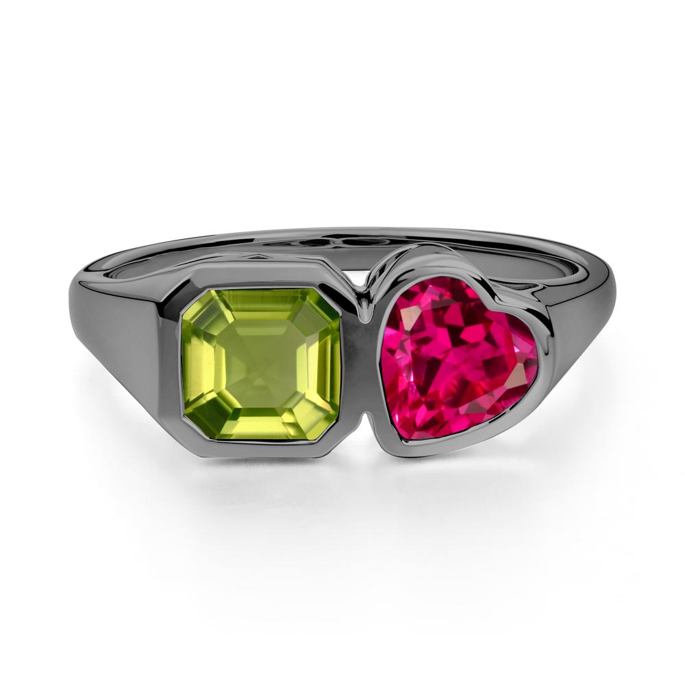 Asscher and Heart Shaped Peridot and Ruby Tet Moi Ring - LUO Jewelry #metal_black finish sterling silver