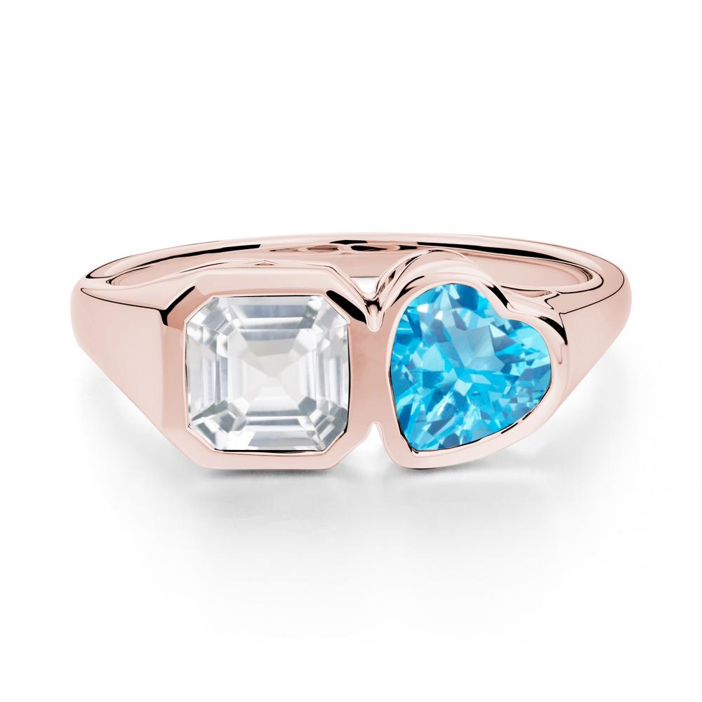 Asscher and Heart Shaped Swiss Blue Topaz and White Topaz Tet Moi Ring - LUO Jewelry #metal_18k rose gold