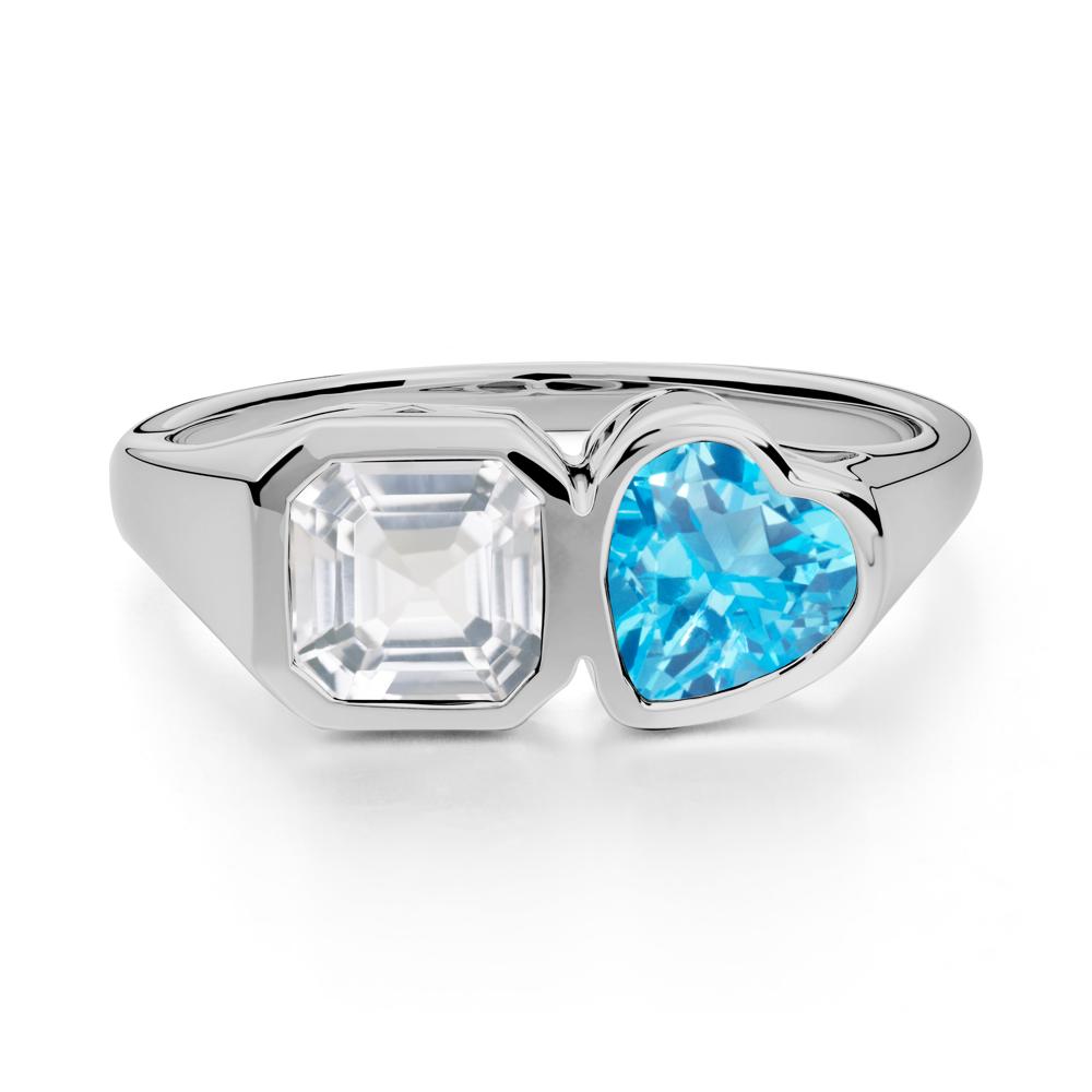 Asscher and Heart Shaped Swiss Blue Topaz and White Topaz Tet Moi Ring - LUO Jewelry #metal_platinum