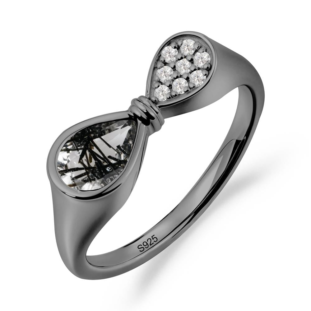 Teardrop Black Rutilated Quartz Infinity Knot Ring - LUO Jewelry #metal_black finish sterling silver