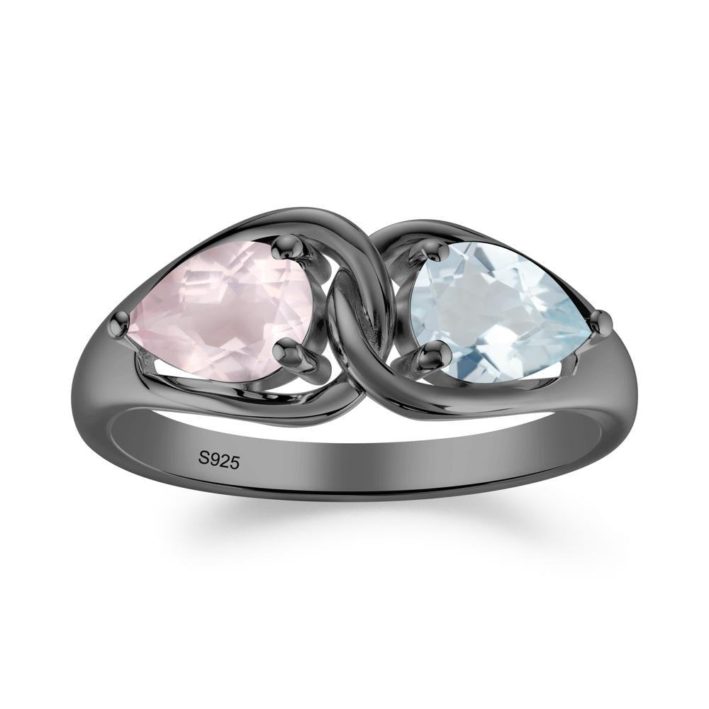 Two Stone Pear Cut Aquamarine and Rose Quartz Engagement Ring - LUO Jewelry #metal_black finish sterling silver