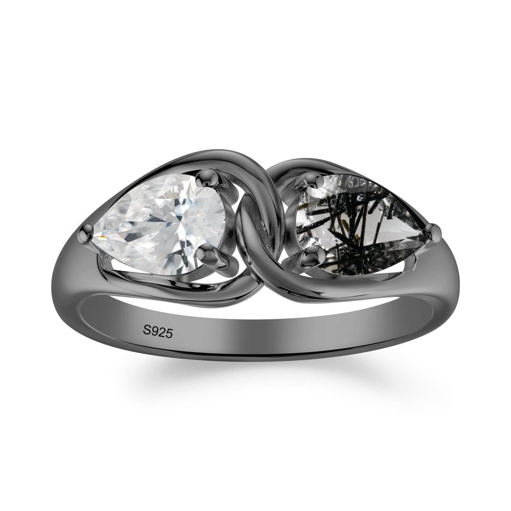 Pear Cut Black Rutilated Quartz and Cubic Zirconia Promise Toi Et Moi Ring - LUO Jewelry #metal_black finish sterling silver