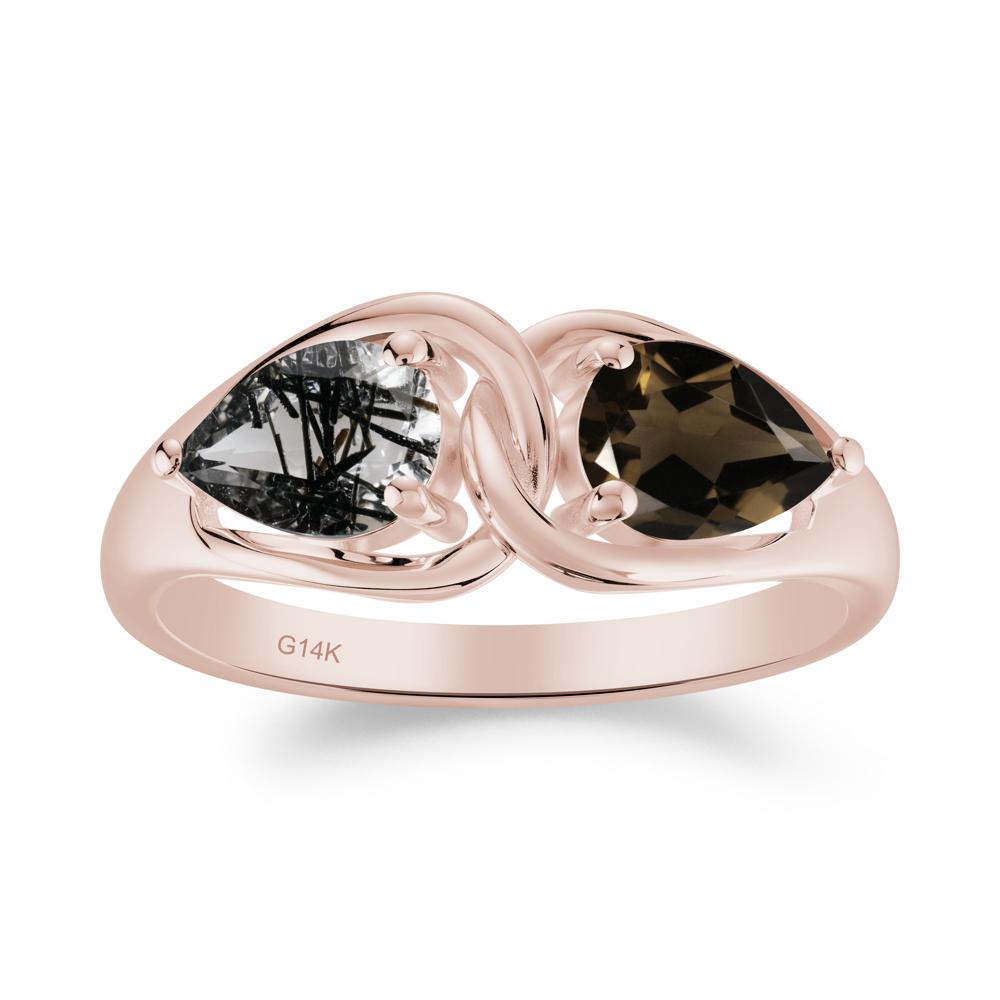 Minimalist Pear Cut Black Rutilated Quartz and Smoky Quartz Infinity Ring - LUO Jewelry #metal_14k rose gold