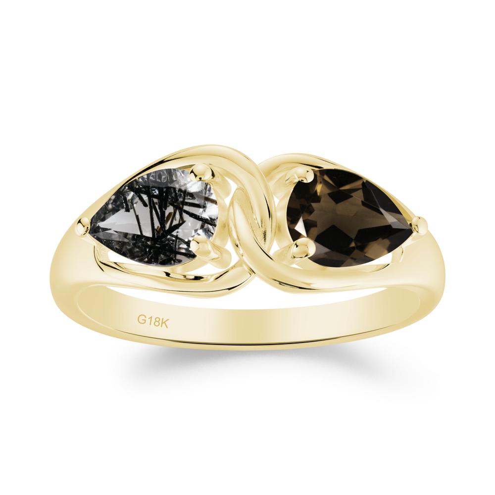 Minimalist Pear Cut Black Rutilated Quartz and Smoky Quartz Infinity Ring - LUO Jewelry #metal_18k yellow gold