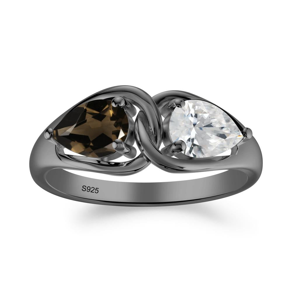 Two Stone Pear Cut Cubic Zirconia and Smoky Quartz Engagement Ring - LUO Jewelry #metal_black finish sterling silver