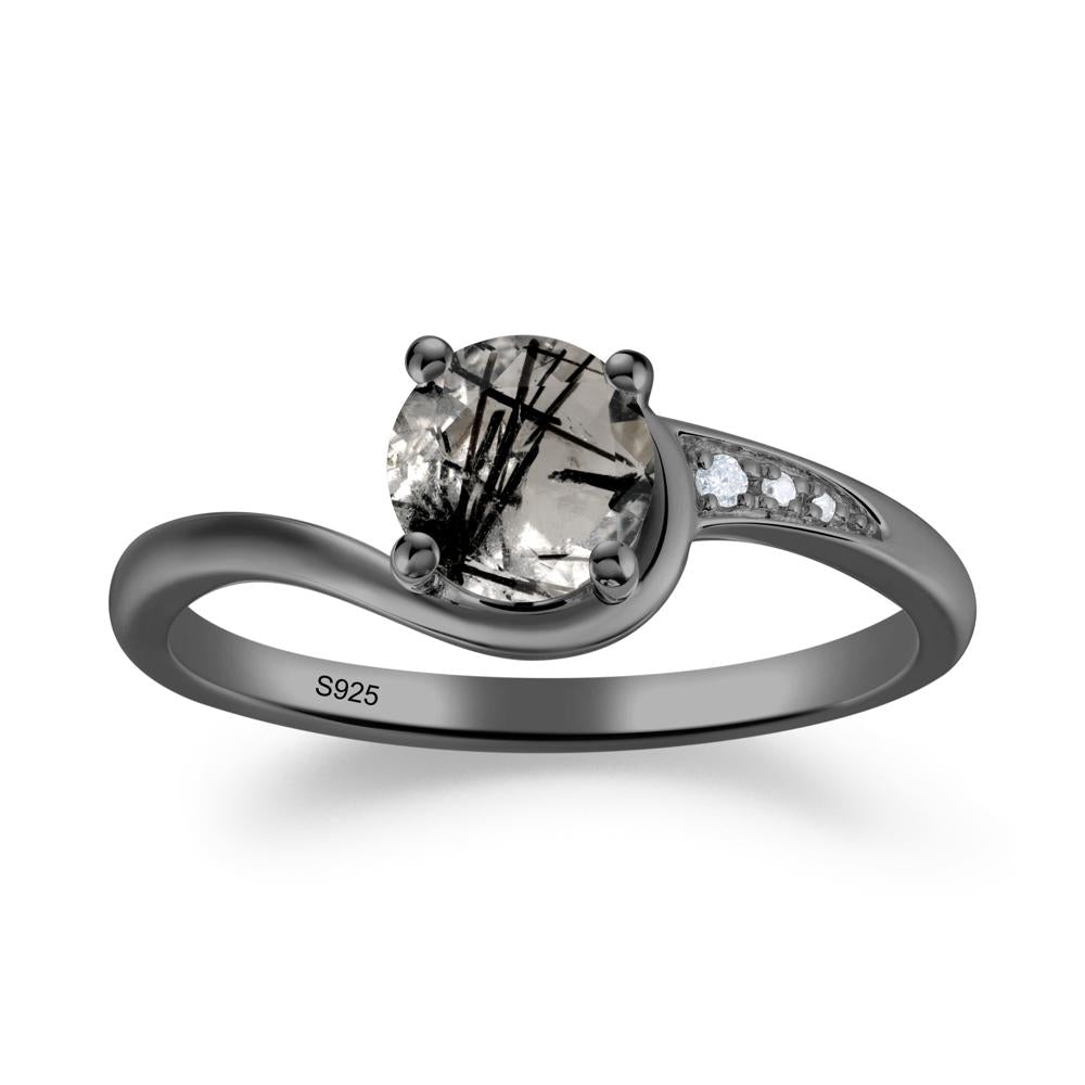 Round Cut Black Rutilated Quartz Bypass Ring - LUO Jewelry #metal_black finish sterling silver