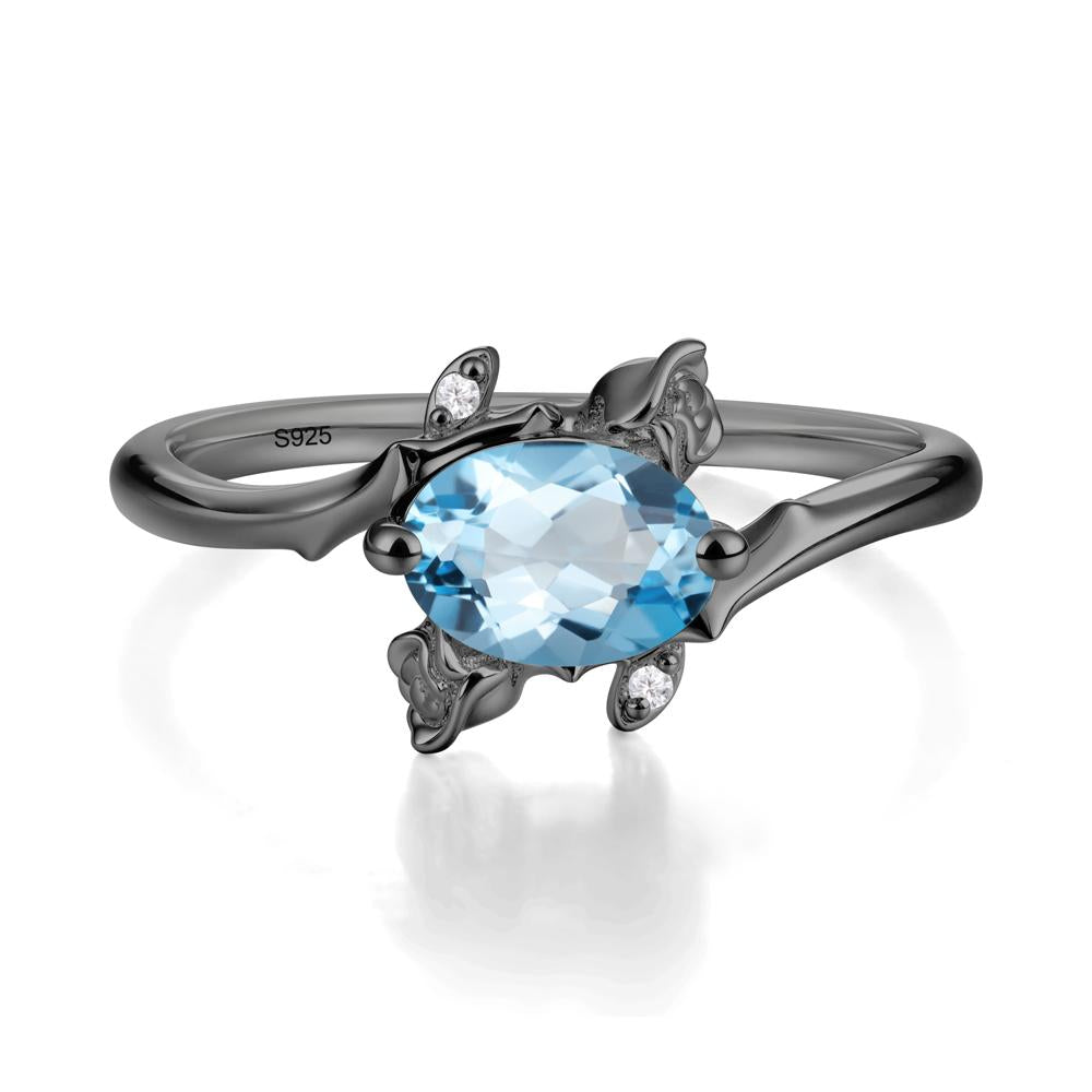 Vintage Rose Design Oval Cut Swiss Blue Topaz Ring - LUO Jewelry #metal_black finish sterling silver