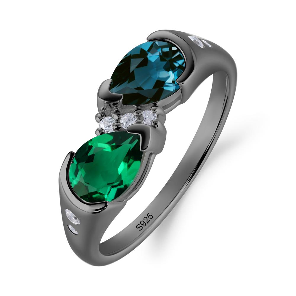 Toi Et Moi Pear Cut Emerald and London Blue Topaz Ring - LUO Jewelry #metal_black finish sterling silver