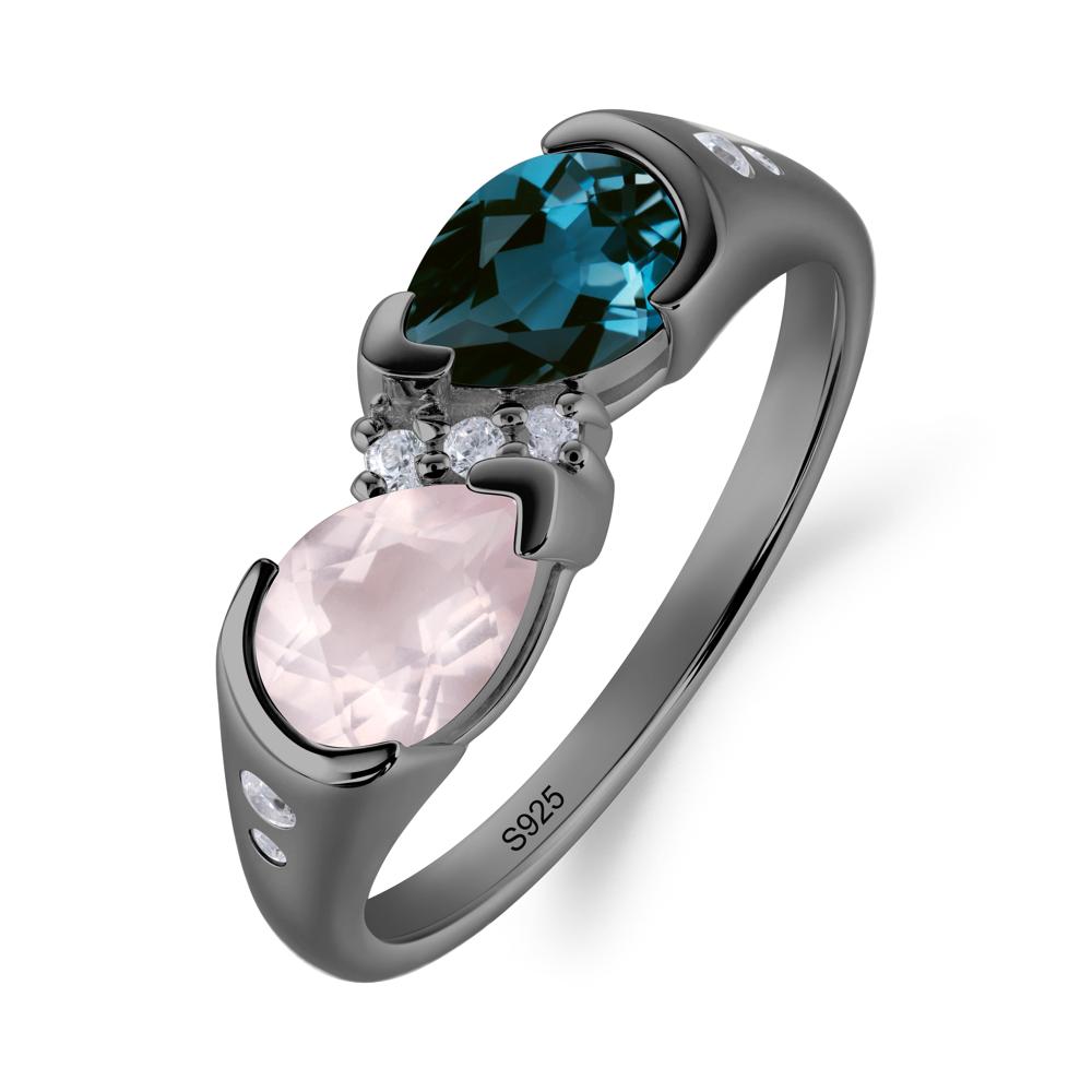 Toi Et Moi Pear Cut London Blue Topaz and Rose Quartz Ring - LUO Jewelry #metal_black finish sterling silver