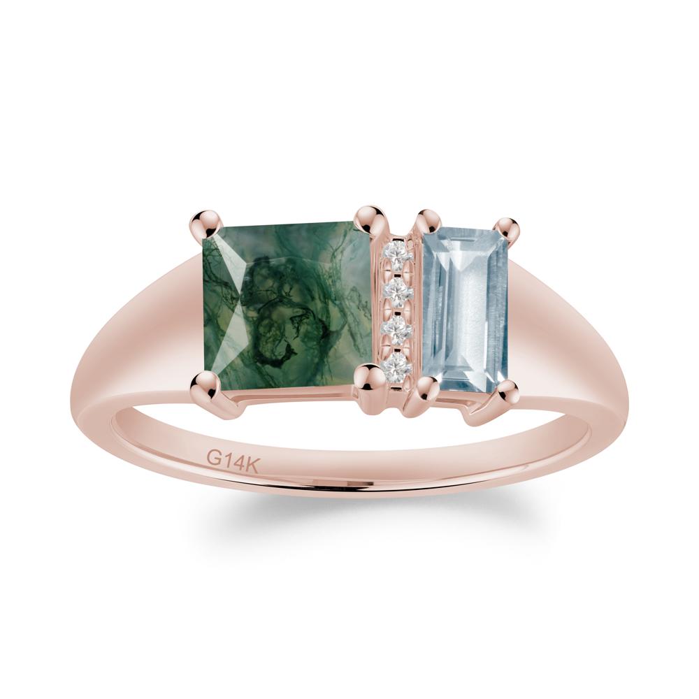 Rectangular Princess Cut Aquamarine and Moss Agate Ring - LUO Jewelry #metal_14k rose gold