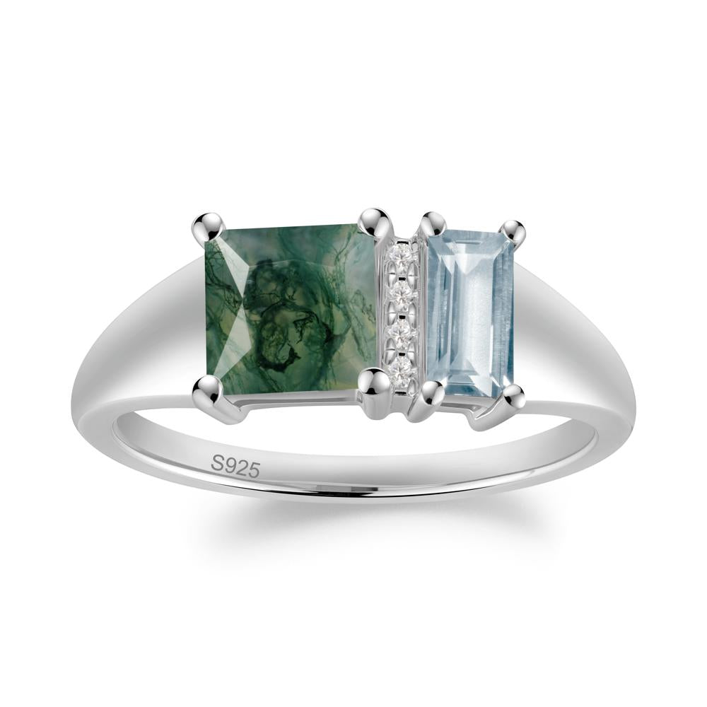 Rectangular Princess Cut Aquamarine and Moss Agate Ring - LUO Jewelry #metal_sterling silver