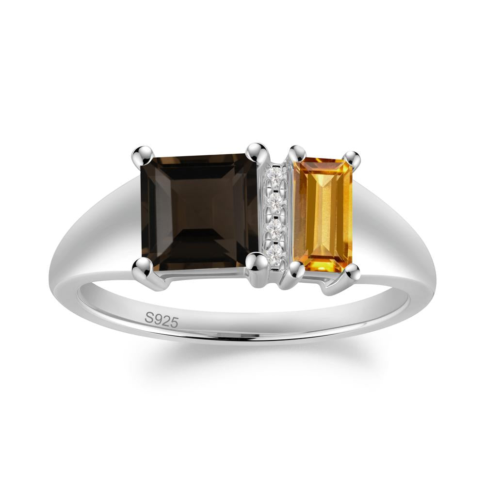 Dual Stone Citrine and Smoky Quartz Baguette Square Ring - LUO Jewelry #metal_sterling silver