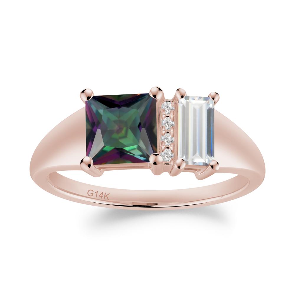 Dual Stone Cubic Zirconia and Mystic Topaz Baguette Square Ring - LUO Jewelry #metal_14k rose gold