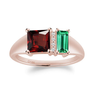 Unique Toi Et Moi Emerald and Garnet Birthstone Ring - LUO Jewelry #metal_14k rose gold