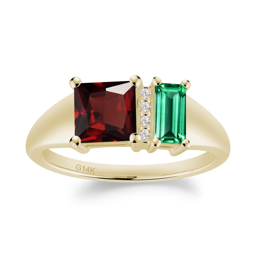 Unique Toi Et Moi Emerald and Garnet Birthstone Ring - LUO Jewelry #metal_14k yellow gold