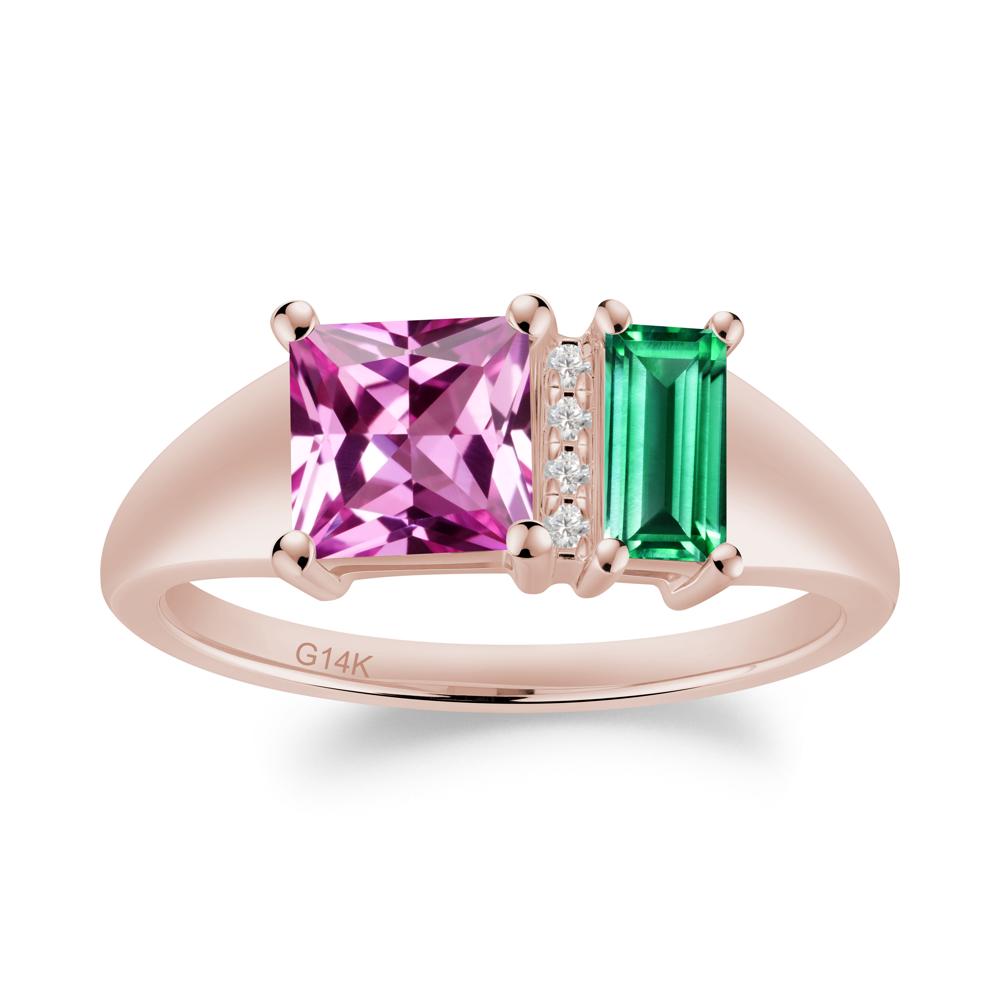 Rectangular Princess Cut Emerald and Pink Sapphire Ring - LUO Jewelry #metal_14k rose gold