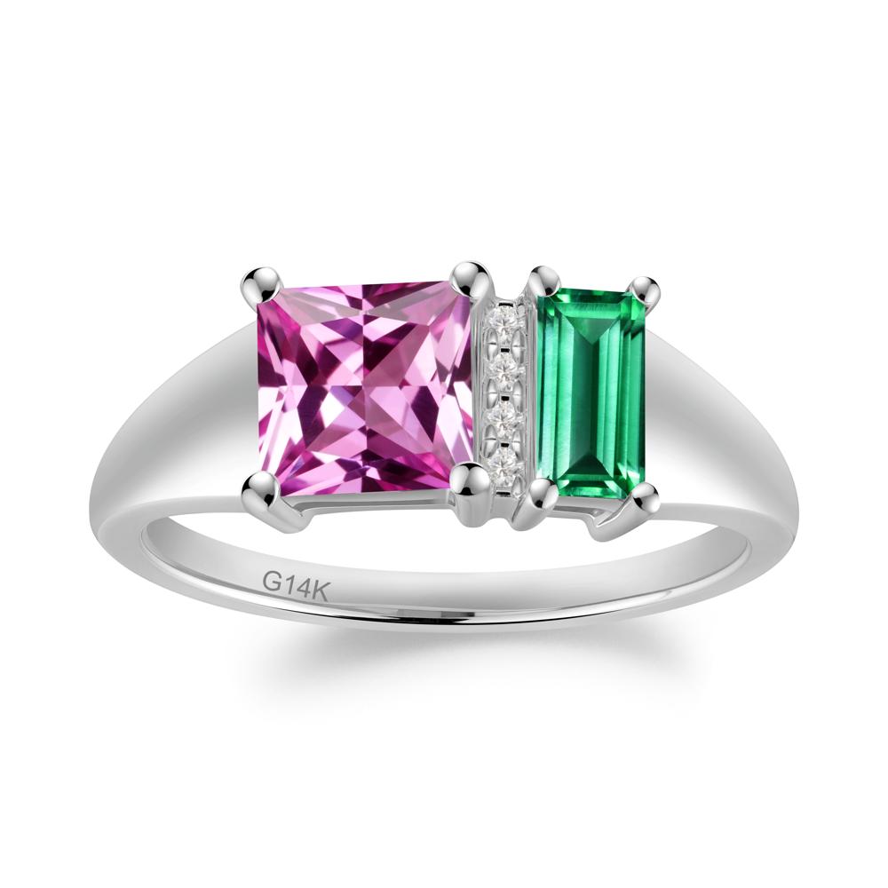 Rectangular Princess Cut Emerald and Pink Sapphire Ring - LUO Jewelry #metal_14k white gold