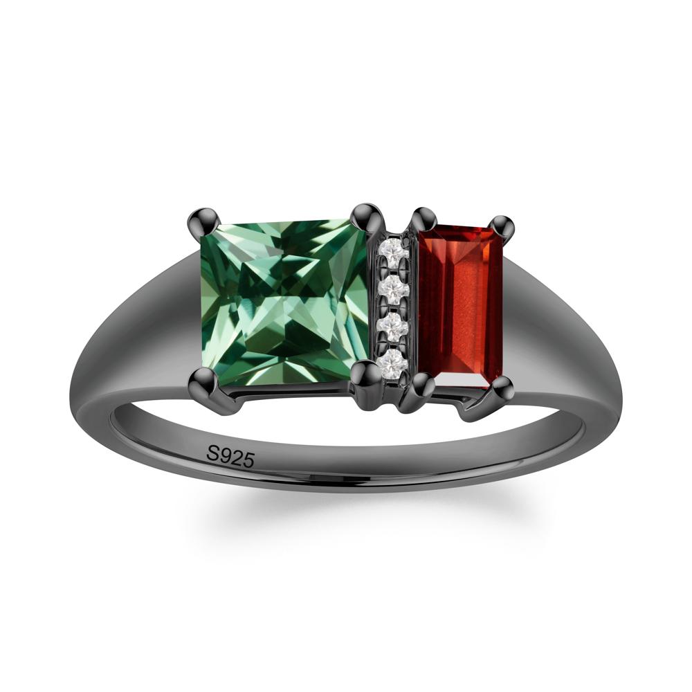 Unique Toi Et Moi Garnet and Green Sapphire Birthstone Ring - LUO Jewelry #metal_black finish sterling silver