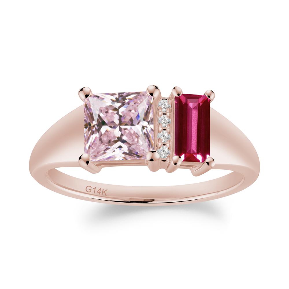 Rectangular Princess Cut Pink Cubic Zirconia and Ruby Ring - LUO Jewelry #metal_14k rose gold