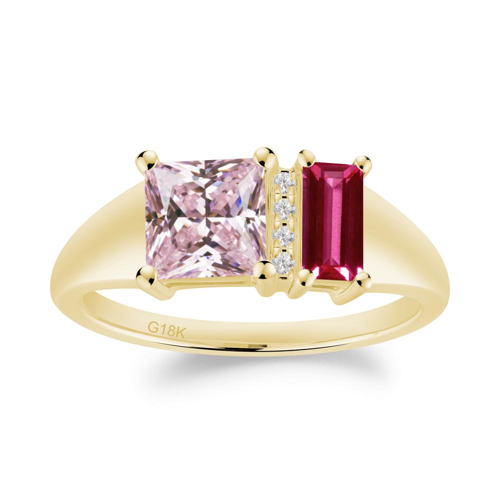 Rectangular Princess Cut Pink Cubic Zirconia and Ruby Ring - LUO Jewelry #metal_18k yellow gold