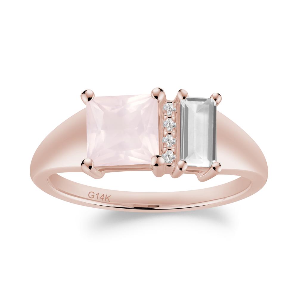 Dual Stone Rose Quartz and White Topaz Baguette Square Ring - LUO Jewelry #metal_14k rose gold