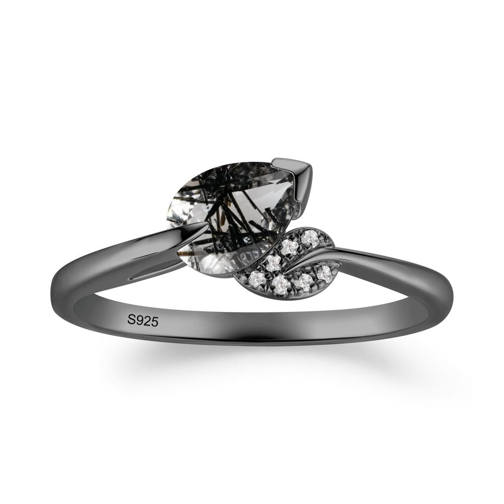 Unique Bypass Leaf Black Rutilated Quartz Ring - LUO Jewelry #metal_black finish sterling silver