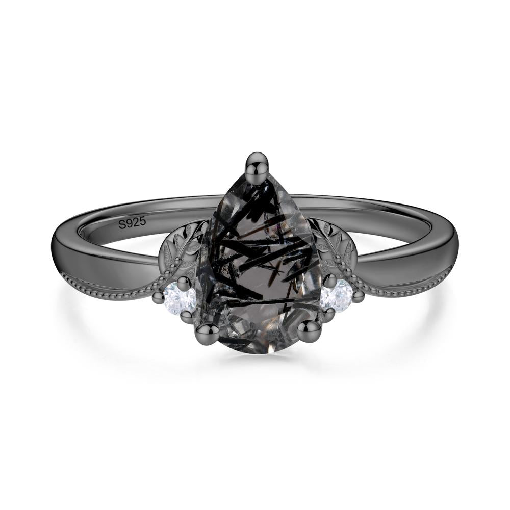 Vintage Pear Cut London Blue Topaz Leaf Ring Set - LUO Jewelry #gemstone_Black Rutilated Quartz