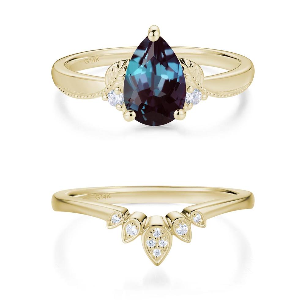 Vintage Pear Cut London Blue Topaz Leaf Ring Set - LUO Jewelry #gemstone_Alexandrite