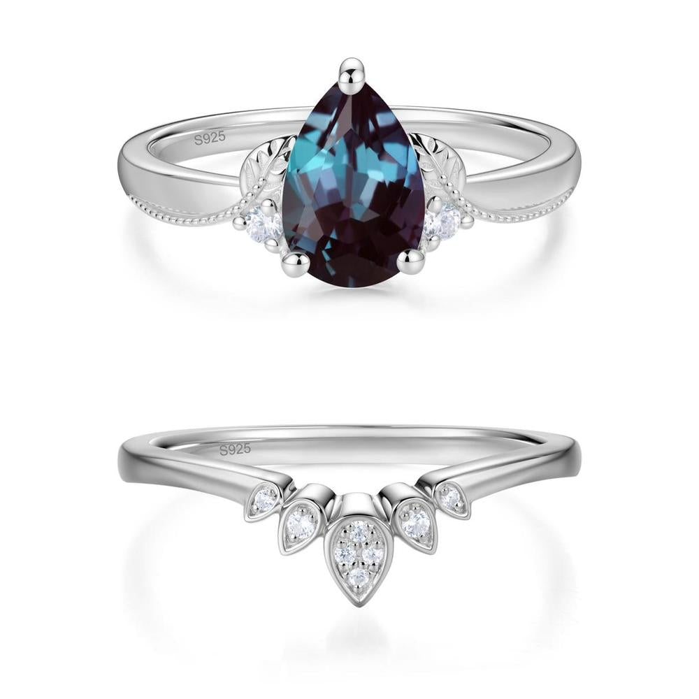 Vintage Pear Cut London Blue Topaz Leaf Ring Set - LUO Jewelry #gemstone_Alexandrite