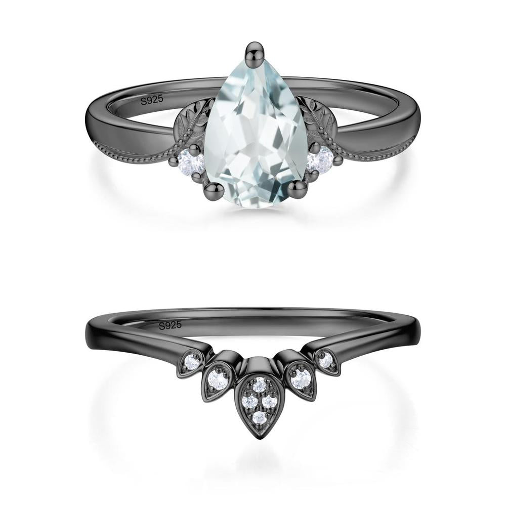Vintage Pear Cut London Blue Topaz Leaf Ring Set - LUO Jewelry #gemstone_Aquamarine