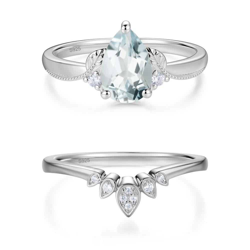 Vintage Pear Cut London Blue Topaz Leaf Ring Set - LUO Jewelry #gemstone_Aquamarine